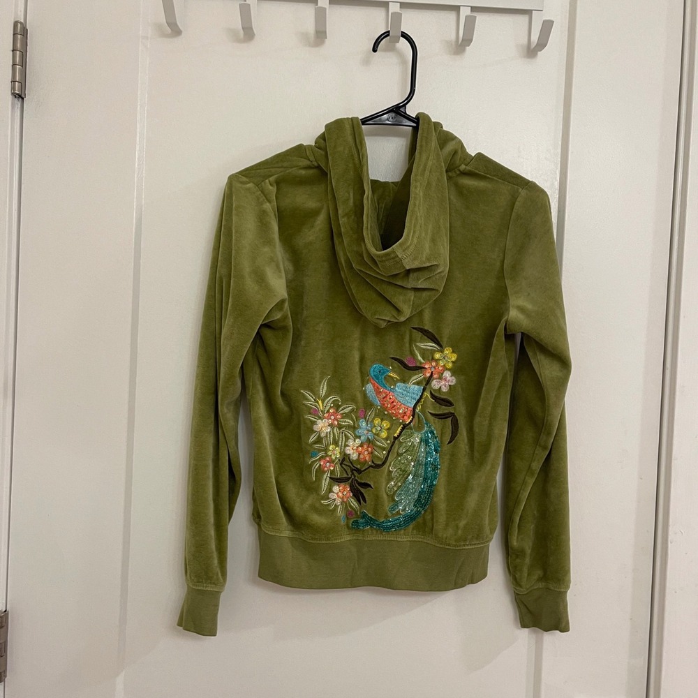 Vintage Y2K Green Velour Bird Embroidered‎ Hoodie Jacket BCBG Fairycore
